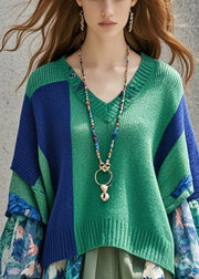 DIY Tea Green Oversized Patchwork Print Knit Sweater Tops Fall