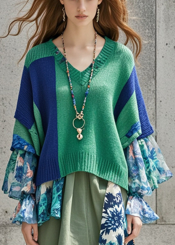 DIY Tea Green Oversized Patchwork Print Knit Sweater Tops Fall