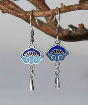 DIY Vintage Blue Floral Patchwork Silver Drop Earrings