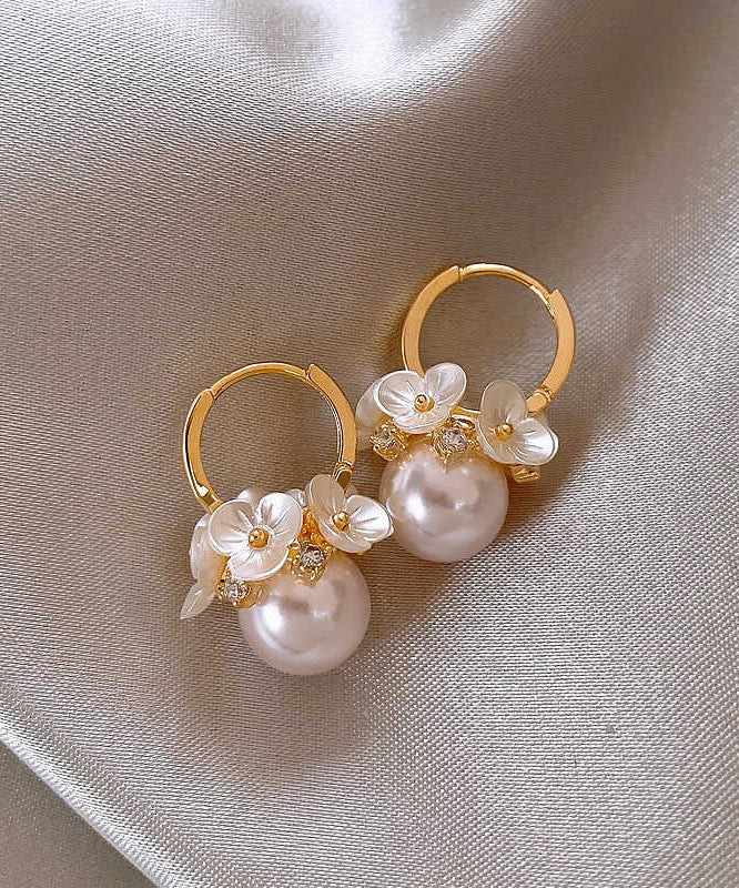 DIY White Alloy Floral Pearl Hoop Earrings