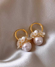 DIY White Alloy Floral Pearl Hoop Earrings