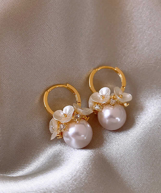 DIY White Alloy Floral Pearl Hoop Earrings