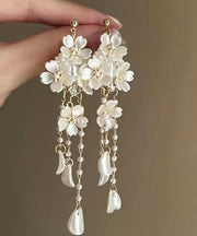 DIY White Alloy Pearl Floral Tassel Drop Earrings