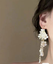 DIY White Alloy Pearl Floral Tassel Drop Earrings