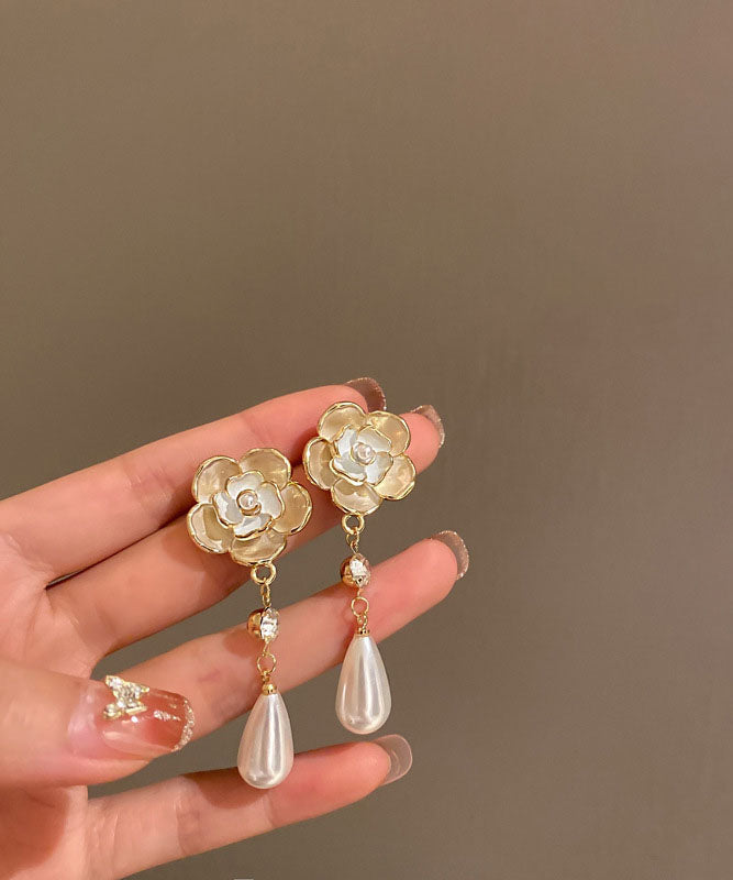 DIY White Alloy Pearl Zircon Floral Drop Earrings