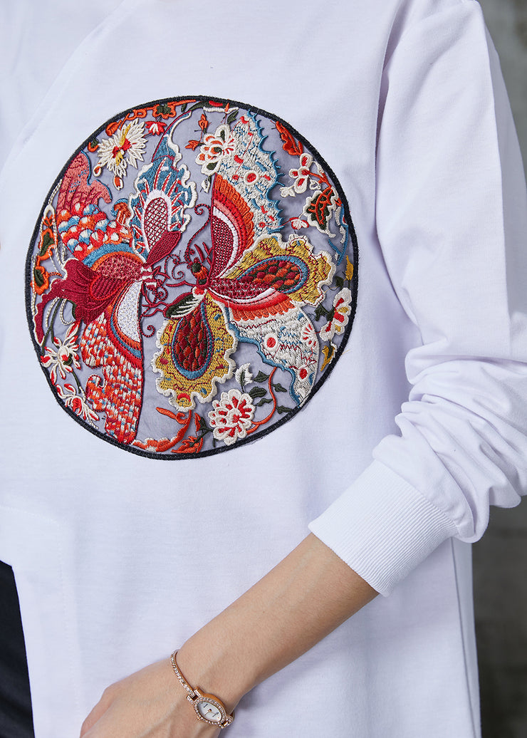 DIY White Asymmetrical Embroidered Cotton Blouses Spring