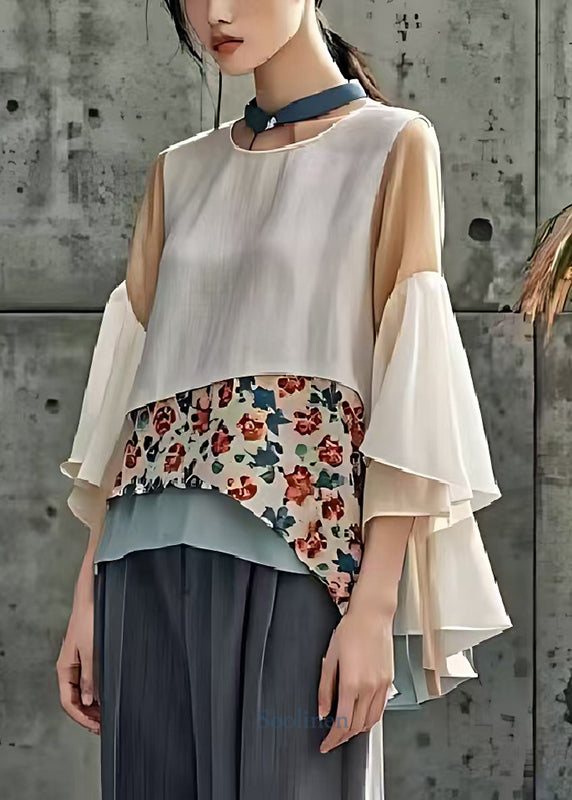 DIY White Asymmetrical Patchwork Cotton Shirts Flare Sleeve