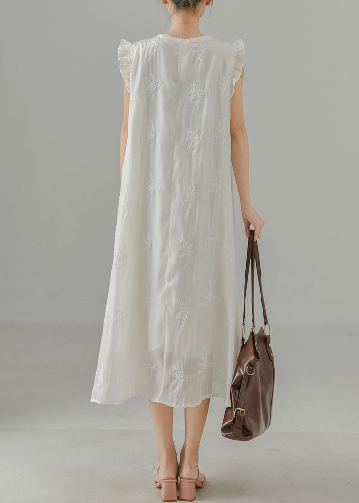 DIY White Embroidered Chinese Button Chiffon Dress Sleeveless