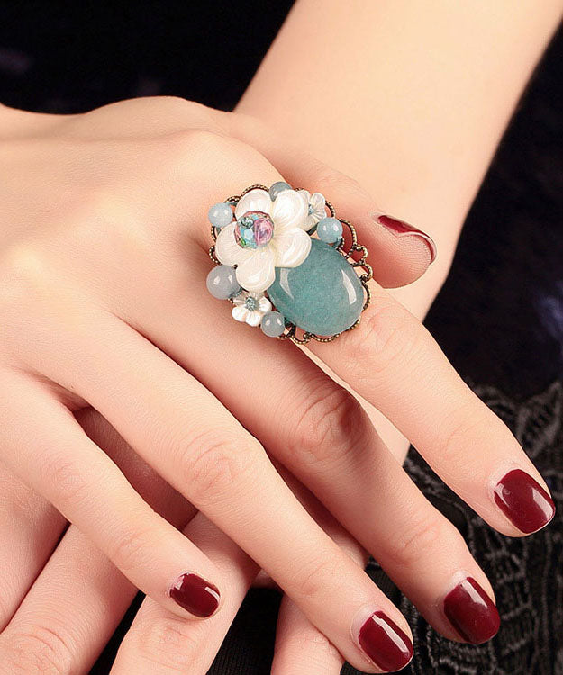 DIY White Jade Coloured Glaze Shell Flower Adjustable Rings