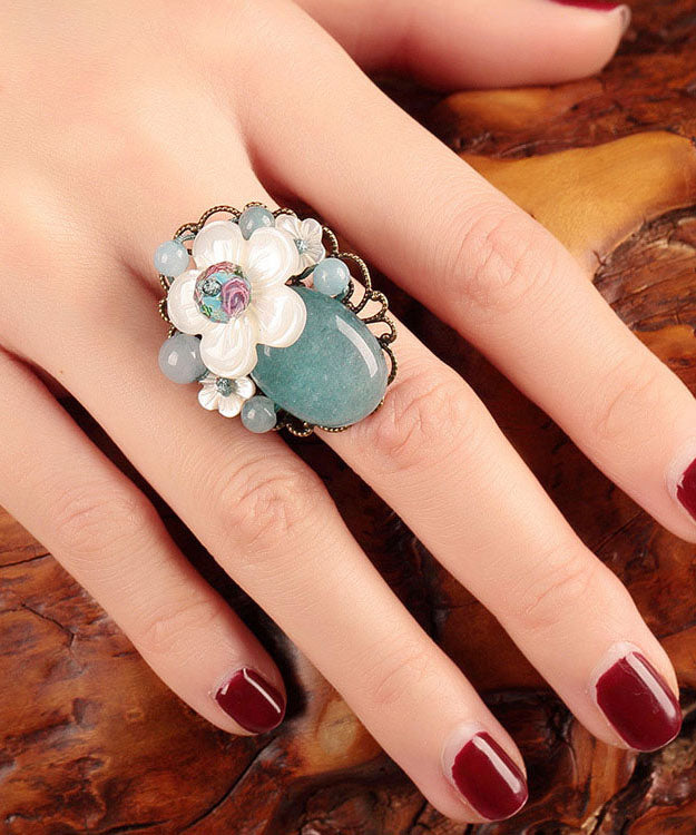 DIY White Jade Coloured Glaze Shell Flower Adjustable Rings