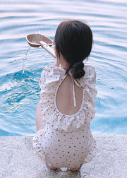 DIY White Love Print Backless Girls One Piece Swimsui Long Sleeve
