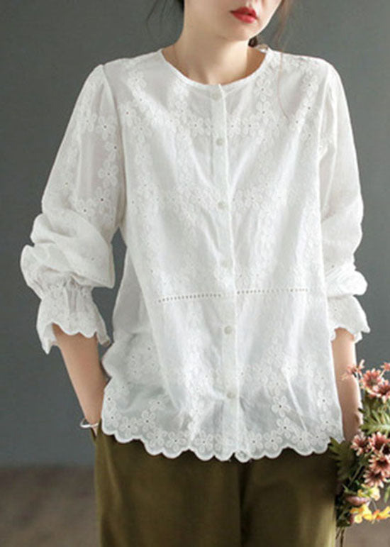 DIY White O Neck Patchwork Embroideried Cotton Blouses Spring