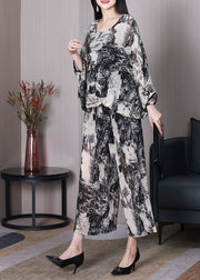 DIY White Oversized Ink Printing Chiffon Two Pieces Set Batwing Sleeve