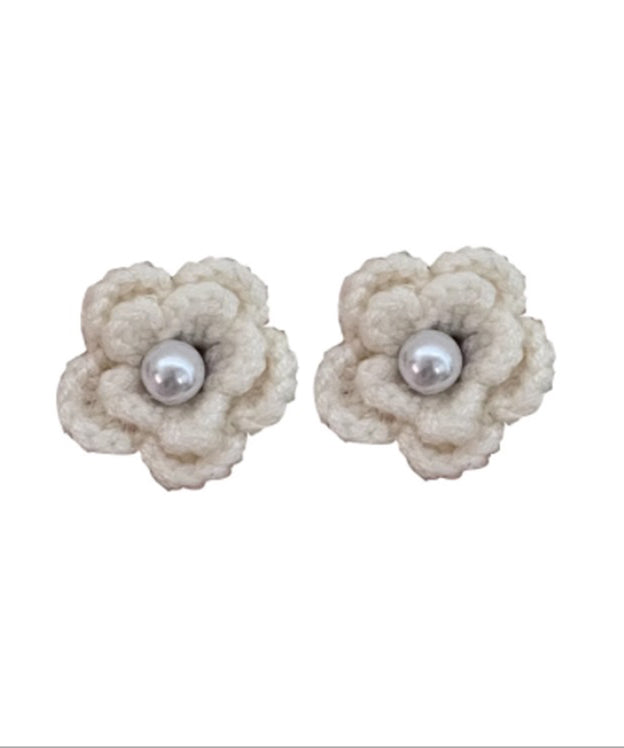 DIY White Pearl Knitting Wool Floral Stud Earrings