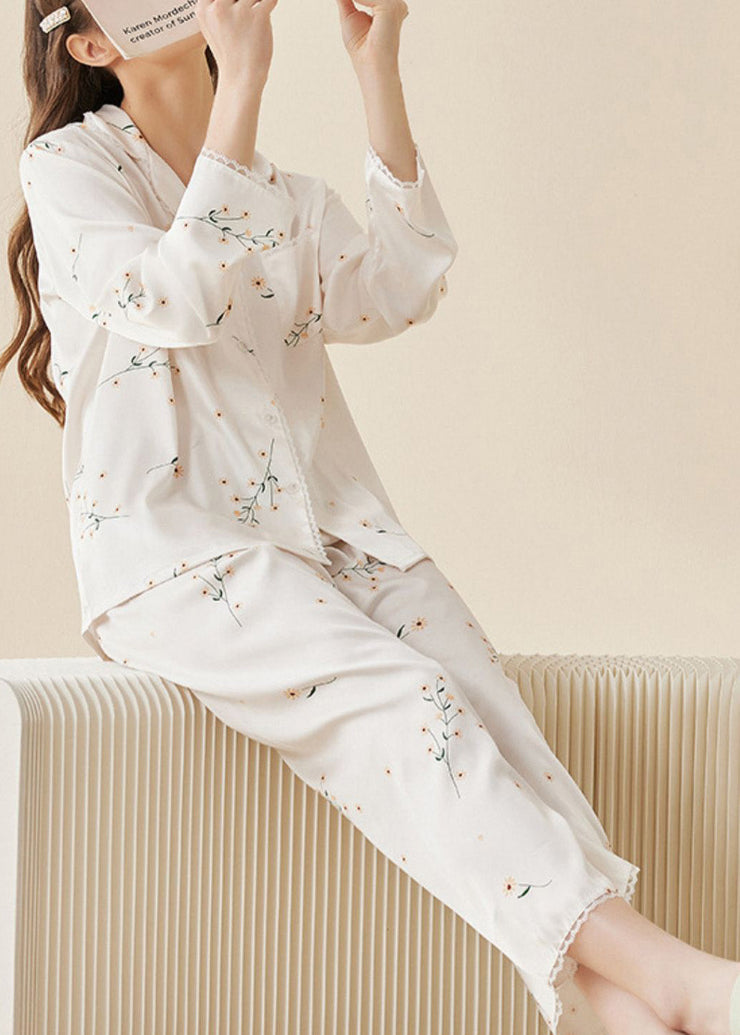 DIY White Peter Pan Collar Print Ice Silk Pajamas Two Pieces Set Spring