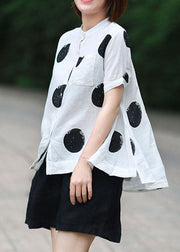 DIY White Stand Collar Dot Print Patchwork Linen Blouses Summer