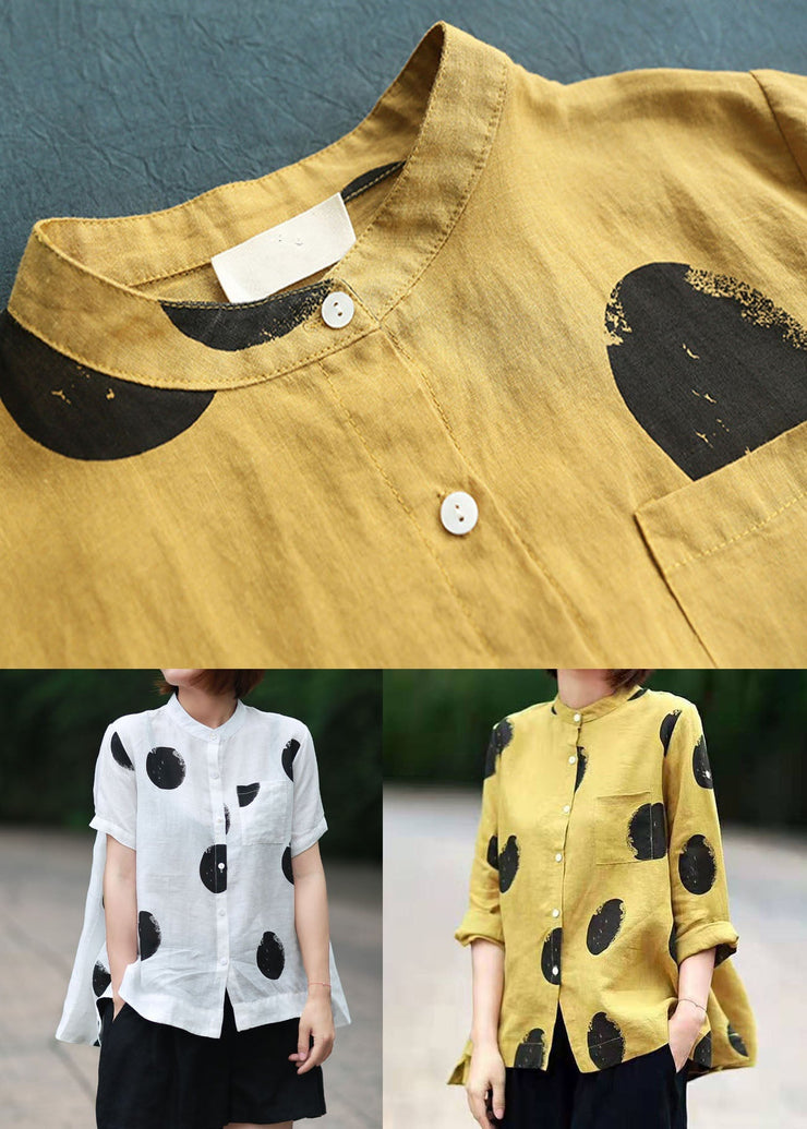 DIY White Stand Collar Dot Print Patchwork Linen Blouses Summer