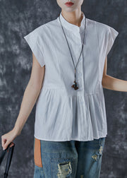 DIY White Stand Collar Patchwork Cotton Tops Sleeveless