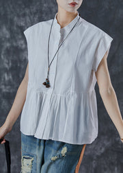 DIY White Stand Collar Patchwork Cotton Tops Sleeveless