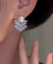 DIY White Sterling Silver Alloy Zircon Pearl Stud Earrings