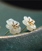 DIY White Sterling Silver Overgild Inlaid Jade Plum Blossom Stud Earrings