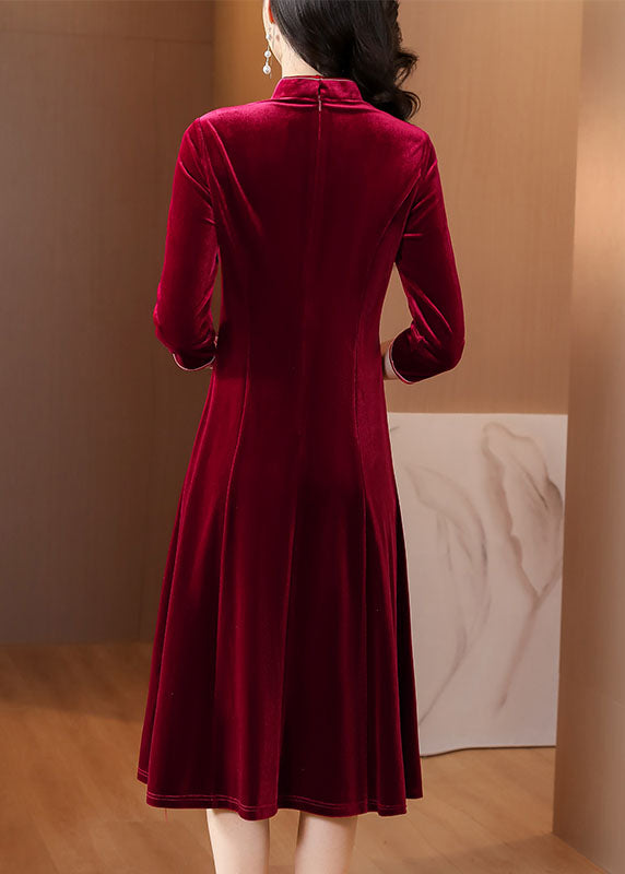 DIY Wine Red Embroidered Slim Silk Velour Long Dress Fall