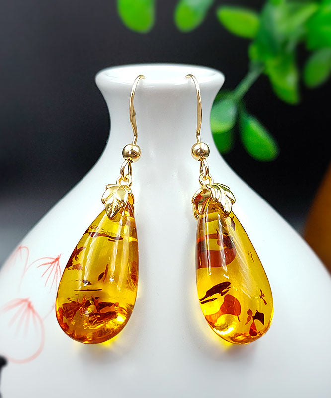 DIY Yellow 14K Gold Amber Water Drop Drop Earrings