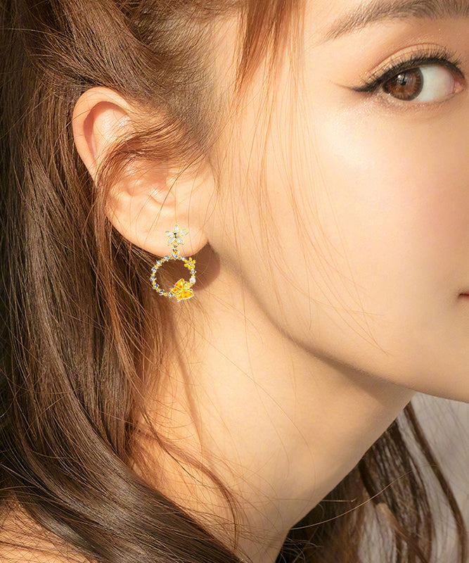 DIY Yellow Butterfly Floral Zircon Drop Earrings