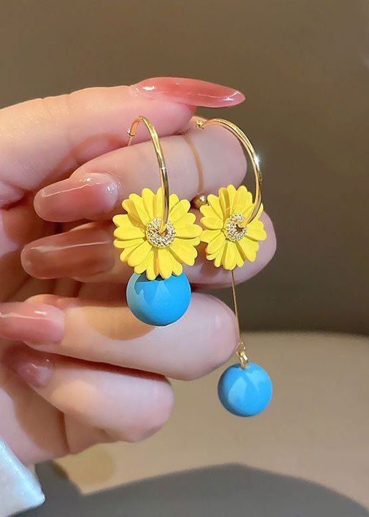 DIY Yellow Daisy Asymmetrical Design Metal Drop Earrings