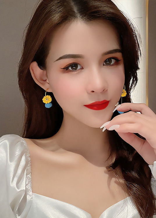 DIY Yellow Daisy Asymmetrical Design Metal Drop Earrings