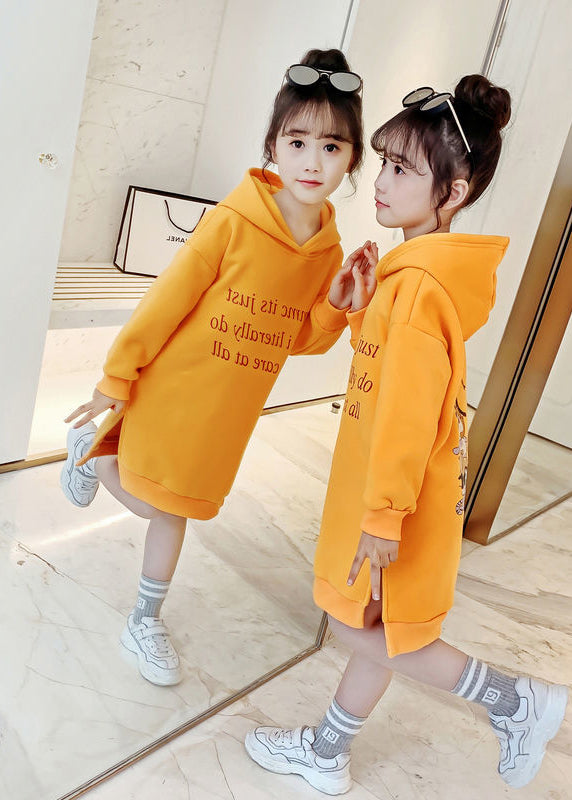 DIY Yellow Hooded Patchwork Warm Fleece Baby Girls Sweatshirts Dress Winter