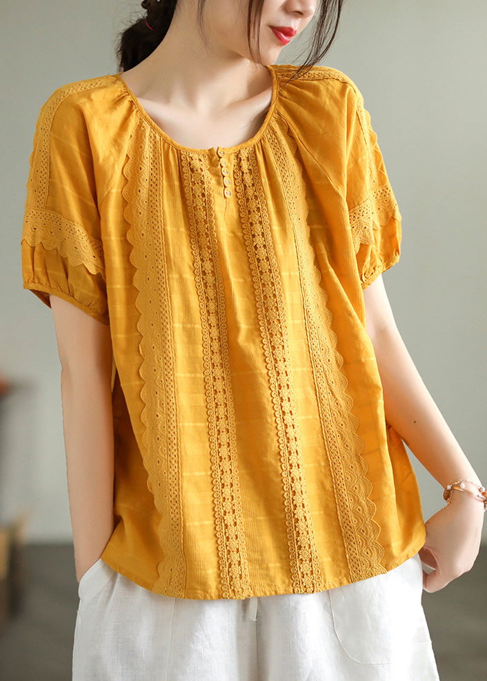 DIY Yellow Lace Patchwork Cotton Shirts Short Sleeve