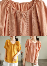 DIY Yellow Lace Patchwork Cotton Shirts Short Sleeve