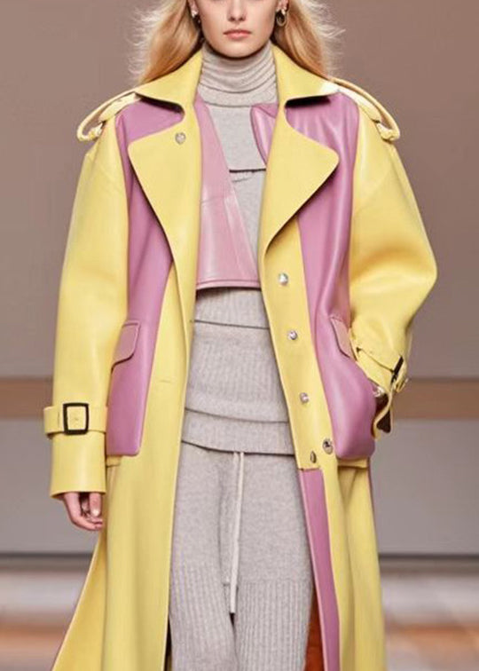 DIY Yellow Oversized Patchwork Pockets Faux Leather Coats Fall