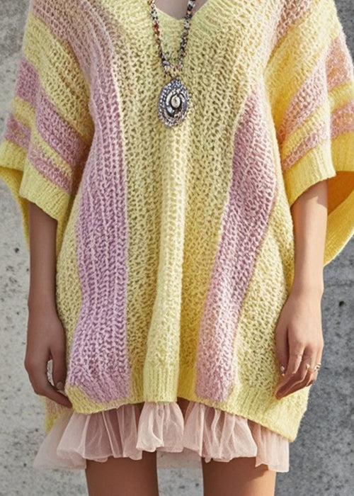 DIY Yellow Oversized Patchwork Tulle Knit Dress Batwing Sleeve