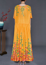 DIY Yellow Print Exra Large Hem Silk Long Dress Summer