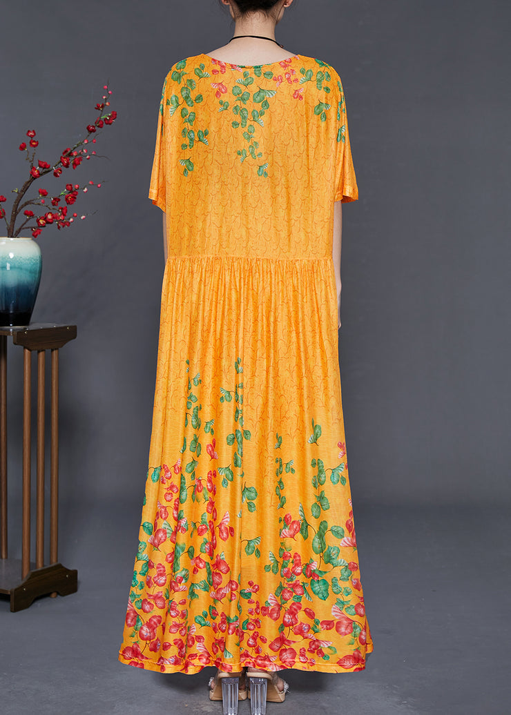 DIY Yellow Print Exra Large Hem Silk Long Dress Summer
