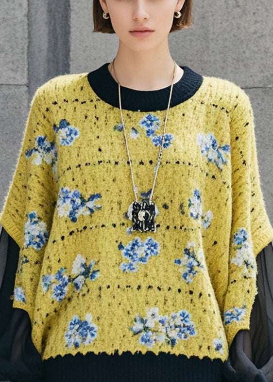 DIY Yellow Print Patchwork Knit Loose Sweaters Fall