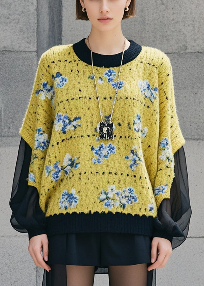 DIY Yellow Print Patchwork Knit Loose Sweaters Fall