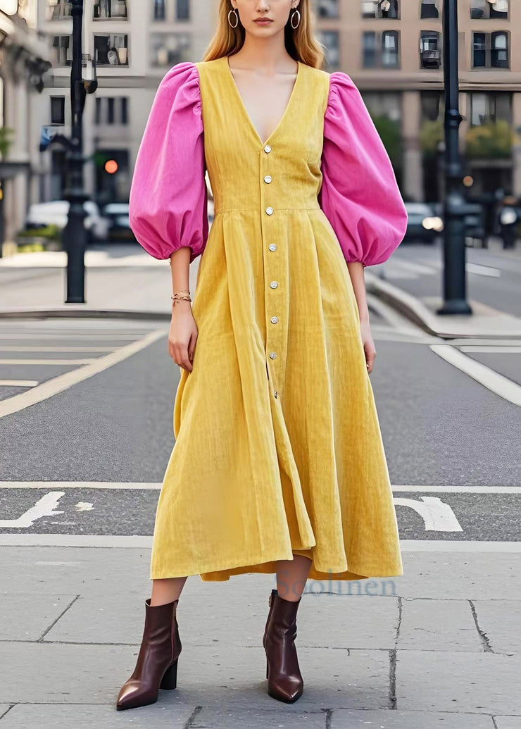 DIY Yellow Puff Sleeve Patchwork Corduroy Holiday Dress Spring