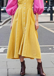 DIY Yellow Puff Sleeve Patchwork Corduroy Holiday Dress Spring