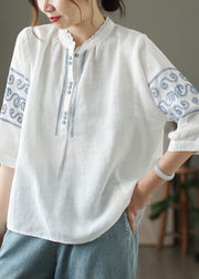 DIY Yellow Stand Collar Embroidered Linen Blouse Top Summer