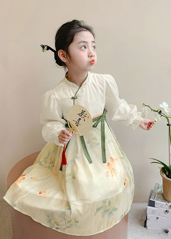 DIY Yellow Stand Collar Patchwork Tie Waist Chiffon Kids Long Dresses Spring