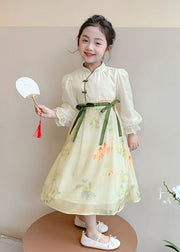 DIY Yellow Stand Collar Patchwork Tie Waist Chiffon Kids Long Dresses Spring