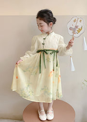 DIY Yellow Stand Collar Patchwork Tie Waist Chiffon Kids Long Dresses Spring