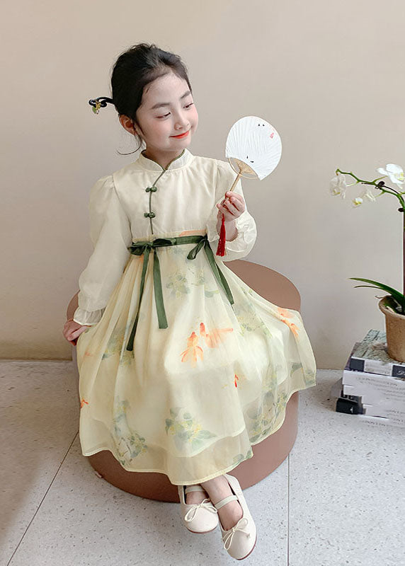 DIY Yellow Stand Collar Patchwork Tie Waist Chiffon Kids Long Dresses Spring