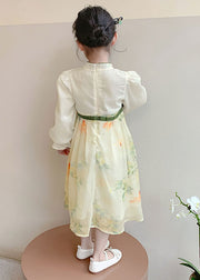 DIY Yellow Stand Collar Patchwork Tie Waist Chiffon Kids Long Dresses Spring