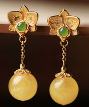 DIY Yellow Sterling Silver Beeswax Amber Jade Floral Drop Earrings