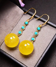 DIY Yellow Sterling Silver Overgild Turquoise Beeswax Skinny Drop Earrings