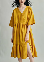 DIY Yellow V Neck Wrinkled Side Open Cotton Mid Dresses Summer